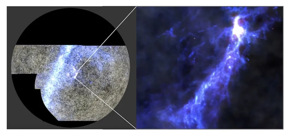 On the left is part of the new half-sky image from the Atacama Cosmology Telescope, adding to measurements from the Planck satellite. Three wavelengths of light have been combined to highlight the Milky Way in purple, and the cosmic microwave background in grey. The sky is rotated to highlight the part of the Milky Way that is home to the Orion Nebula, shown in the zoom-in on the right. 