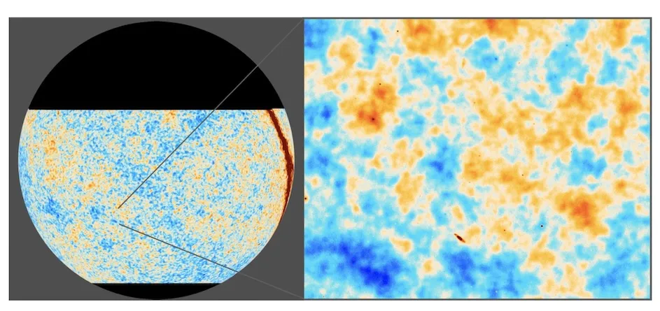 A new image of the cosmic microwave background radiation, adding high definition from the Atacama Cosmology Telescope to an earlier image from the Planck satellite. The zoom-in is 10 degrees across, or 20 times the Moon’s width seen from Earth, and shows a tiny portion of the new half-sky image. Orange and blue show more or less intense radiation, revealing features in the density of the universe when it was less than half a million years old - a time before any galaxies had formed. The image includes c