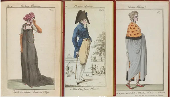 Two images of women and one image of a man from the Journal des Dames et des Modes.
