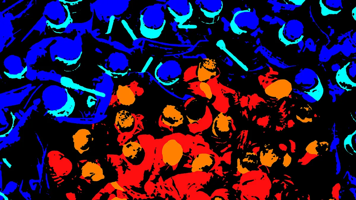 A work of art with an abstract pattern of red, orange and blue against a black background.