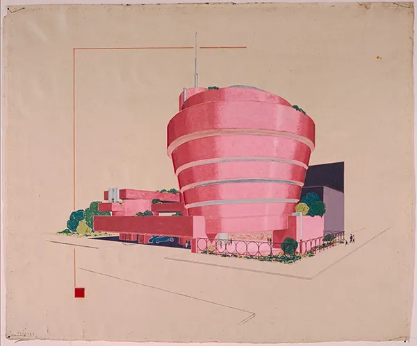 pinkish swirl shaped architectural design of a building 