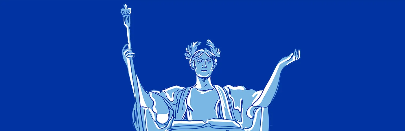 Blue-toned illustration of the statue of Alma Mater, a seated woman in classical robes with a laurel wreath in her hair, holding a scepter. 