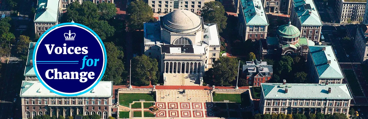The Voices for Change logo on an aerial of Columbia University's Morningside Heights campus.