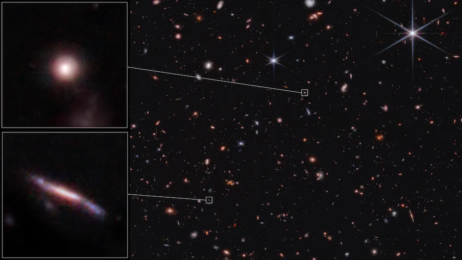 Sample shapes of distant galaxies identified by the James Webb Space Telescope’s Cosmic Evolution Early Release Science (CEERS) survey. 