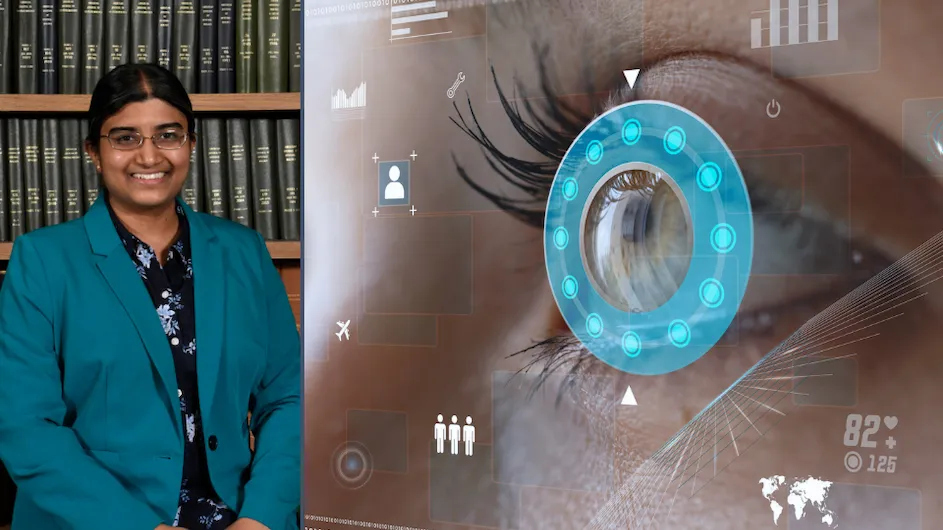 Kaveri Thakoor alongside an image of a human eye overlaid with images representing AI.