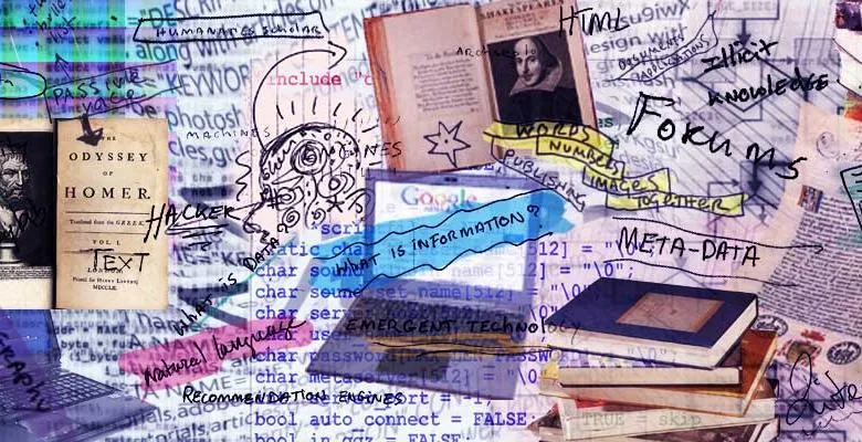 A purple collage of tools, including a laptop, the Odyssey of Homer, and Shakespeare