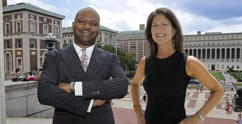 A composite image of a man and woman standing on the steps of Low Library on a sunny day