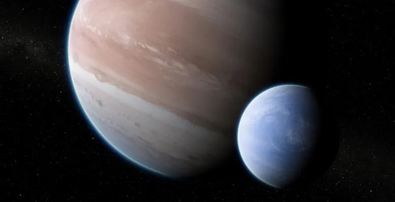 A lush illustration shows a pale, reddish planet floating amid the darkness of space, orbited by a pale blue moon