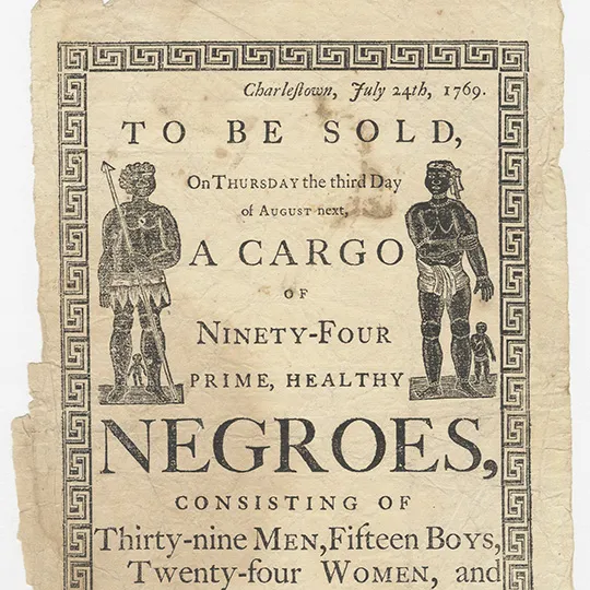 Flyer advertising sale of African people in Charlestown.