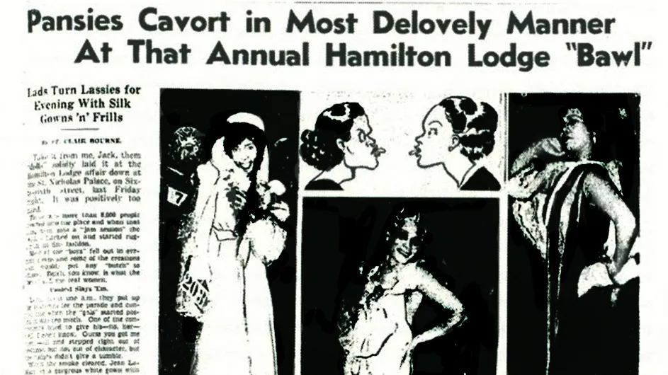 A black and white clipping from Amsterdam News of a with an article and photos of the Harlem Drag Balls.