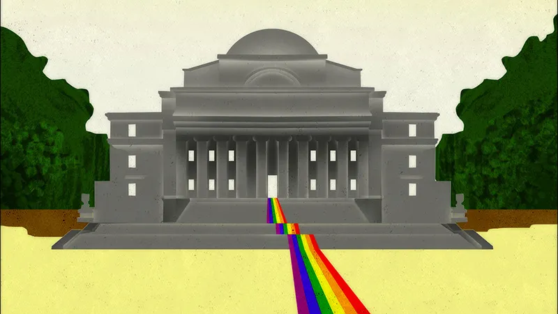 An illustration of Low Library with a rainbow carpet rolling down the Low front steps.