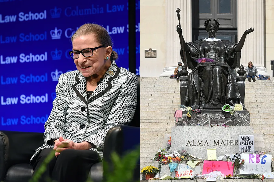 In the photo on the left, Justice Ruth Bader Ginsburg poses against a Blue Columbia Law School backdrop and on the right the statue of Alma Mater is covered in signs and flowers honoring Ruth Bader Ginsburg.