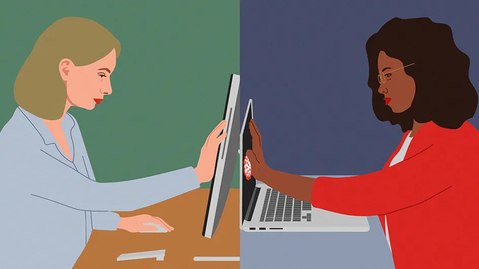 Two women in different locations, one a professor, one a student, touching their screens as if to reach out to one another