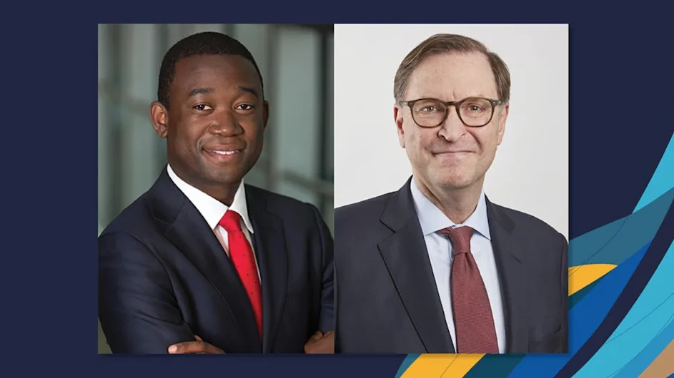 One picture of a man in a suit with a red tie, Wally Adeyemo, and another picture of a man, Glenn Hubbard, wearing glasses and also in a suit with a red tie