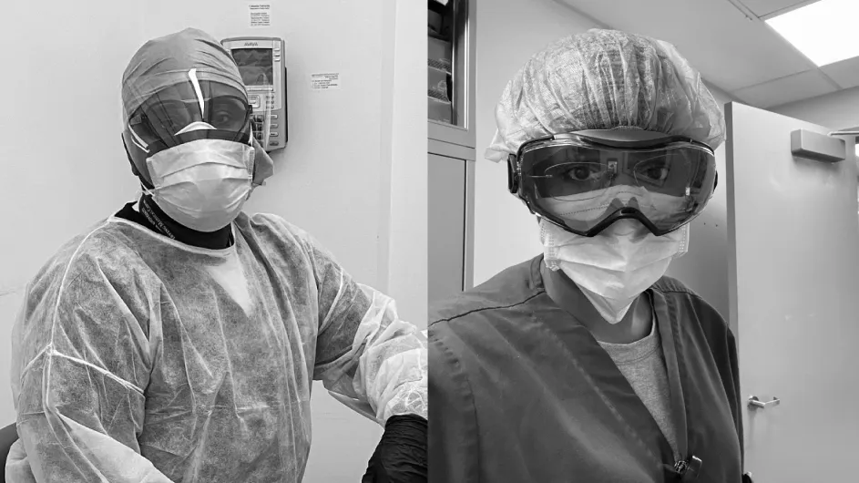 Two black and white photos of health care workers in personal protective equipment