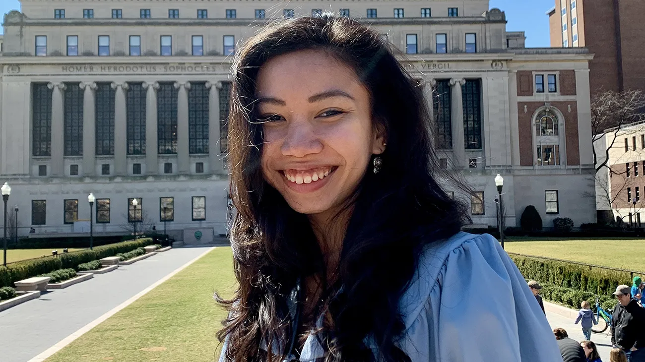 Jasmin Irisha Jim Ilhan in front of Butler Library.