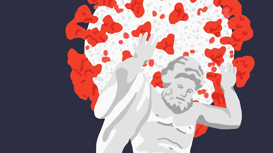 An illustration of a Hercules holding up the globe which is shaped like a spiky coronavirus protein.