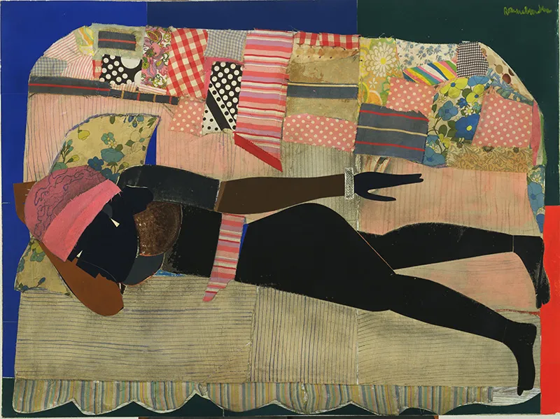 A collage features a feminine figure constructed with brown and black paper lying prone on a patchwork quilt-covered sofa