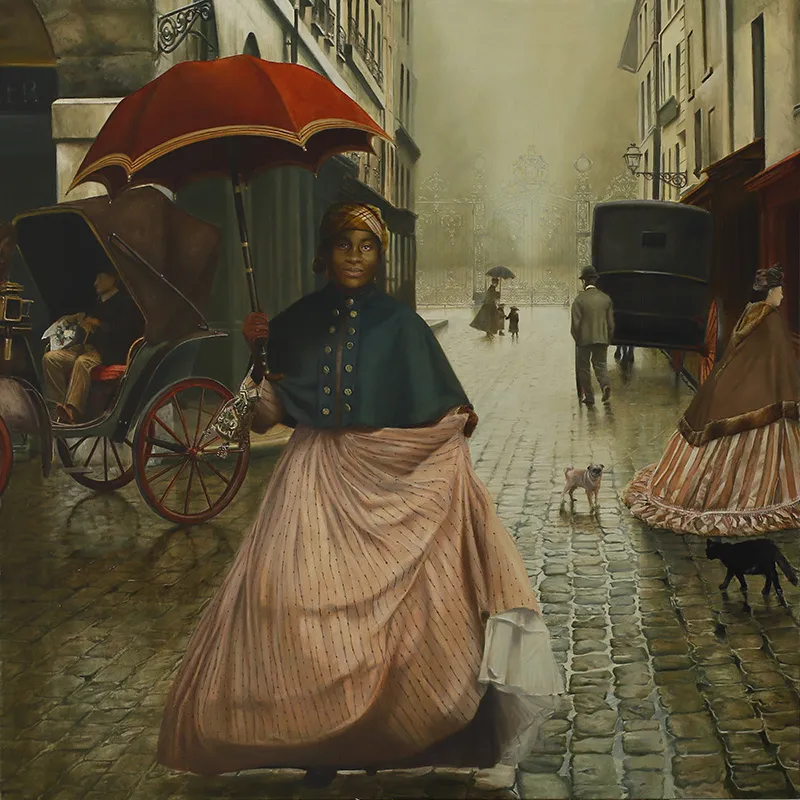 A painting depicts a brown-skinned woman wearing mid-1800s clothing and carrying a parasol, standing on a cobblestone street amid horse carriages