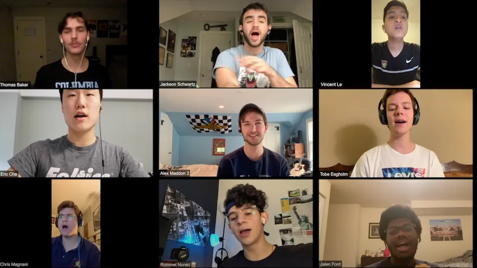 The Columbia Kingsmen singing on a Zoom call