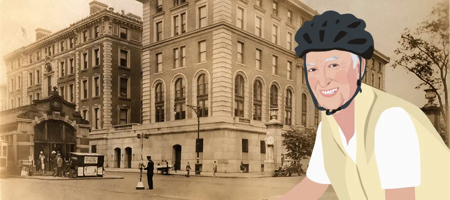 A cartoon illustration of Ken Jackson wearing a helmet and riding a bike in front of an archival photo of Morningside Campus.