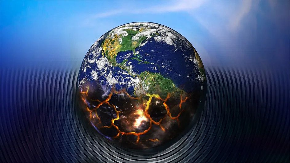 globe colored half with blue green and white and half with brown and yellow fires