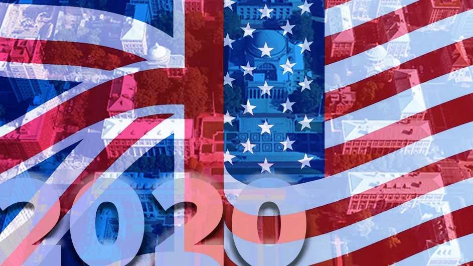 two red white and blue flags next to each other, one UK the other US. US has white stars on blue background