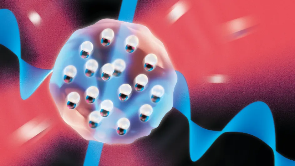 Artistic illustration of a gas of molecules becoming a molecular Bose-Einstein condensate being cooled with two microwave fields. 