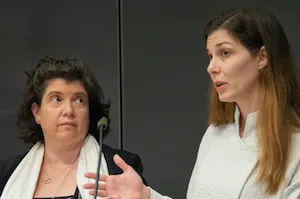 Professors Jeanine D’Armiento (P&S) and Jessica Bulman-Pozen (Law) reported on the advancement of female faculty in the Law School over the past decade. at the May 3 Senate plenary." Photo by Jessica Raimi.