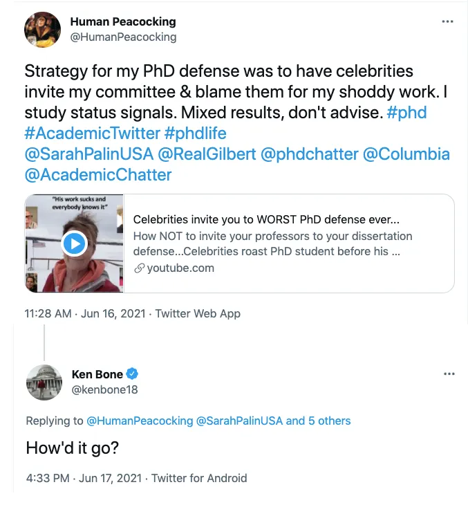 Screenshot of peacocking tweet. 