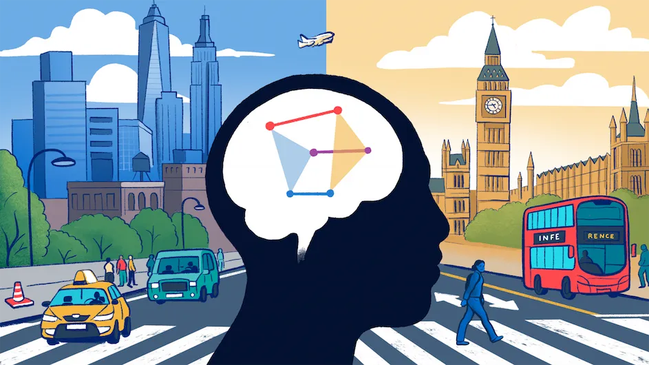 Illustration of a person's brain responding to traffic in New York City and London.