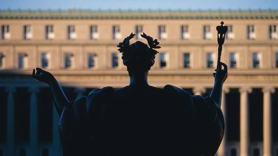 Shadow of Columbia University's alma mater looking at Butler Library in show of solidarity in the guilty verdict for Derek Chauvin