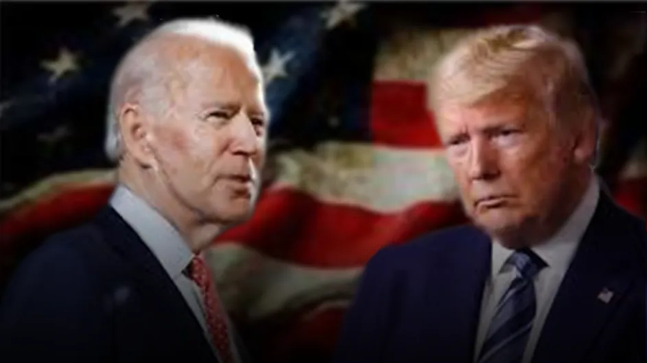 Two white men in suits with American flag in the background