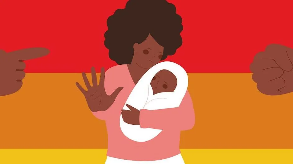 Illustration of a woman experiencing microaggressions while she holds a baby