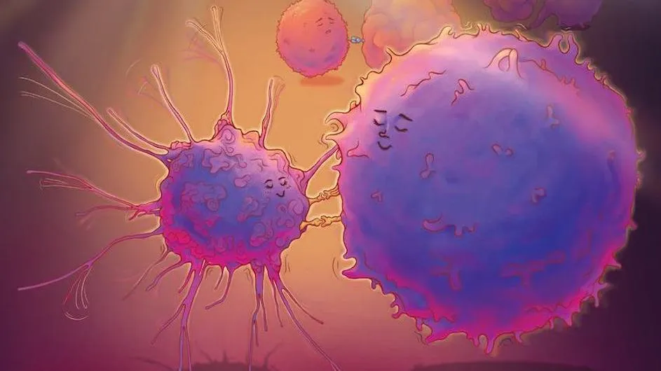 A dendritic cell and a T cell are depicted dancing in the foreground. In the background, a malignant cancer cell is depicted dancing with another T cell.