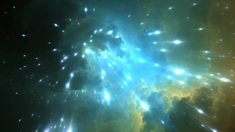 A 3D rendering of high-energy particles from cosmic rays.
