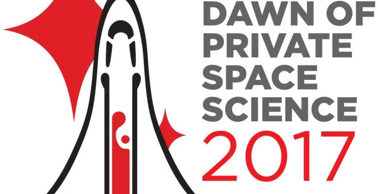 gray illustration of a rocket launching right side of image the word dawn of private space science 2017 are positioned in gray and red