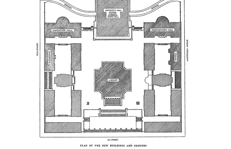 vintage image of a black and white sketching of a blueprint of the low memorial library 
