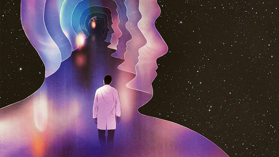 Illustration of a doctor walking inside a large head.
