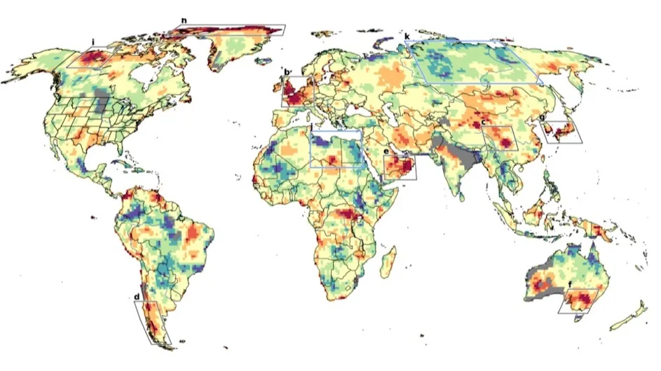 A map of heatwave hotspots around the world.