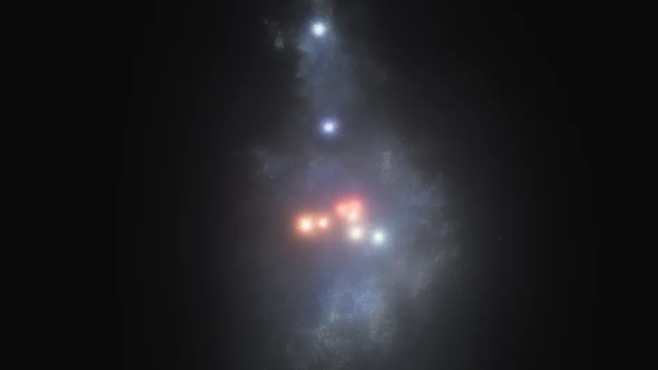This artist's illustration depicts a reconstruction of what the Firefly Sparkle galaxy looked like about 600 million years after the big bang if it wasn’t stretched and distorted by a natural effect known as gravitational lensing. This concept is based on images and data from NASA’s James Webb Space Telescope. (NASA, ESA, CSA, Ralf Crawford [STScI]).