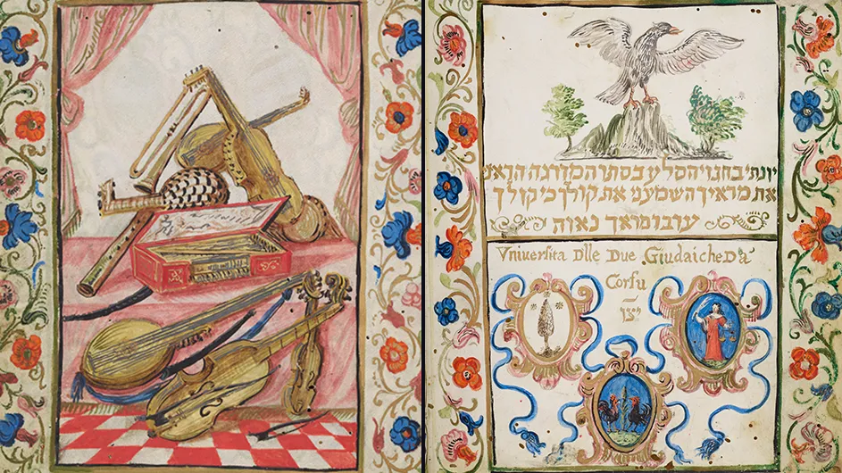 two colorful images of illuminated manuscript pages.