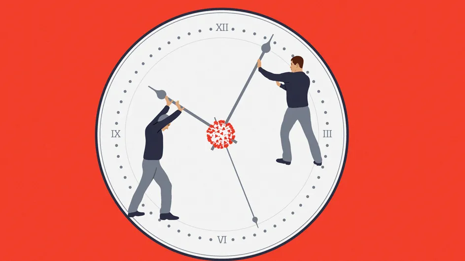 round white clock with roman numerals with two male figures holding the inside hands on a red background 