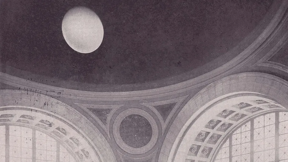 Archival image of an artificial moon hanging from the dome of the Low Library rotunda.