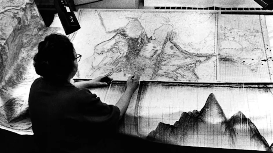 Marie Tharp working on the ocean floor map in the 1960s at Lamont.