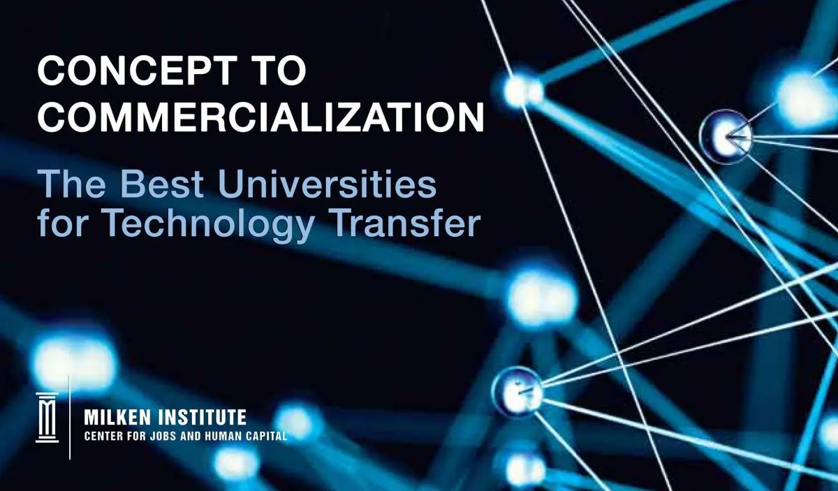 navy and light blue rays atop a dark background with splash text of concepts to commercialization and the best universities for technology transfers across the top left corner of card