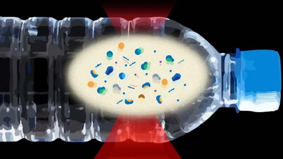 Illustration of a plastic water bottle with nanoplastics inside it.