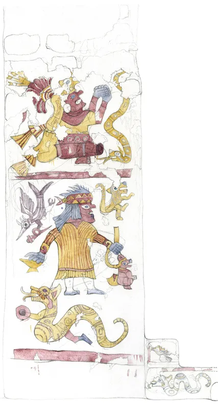 Figures painted on a pillar within the Hall of the Moche Imaginary. Measured watercolor made on site by Pedro Neciosup