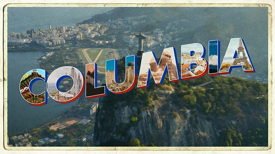 The word "Columbia" with a scene of Rio de Janeiro in the background.