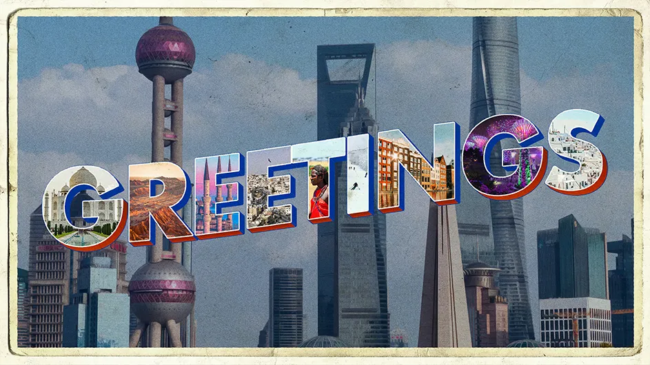 The word "greetings" is superimposed over buildings and sky.